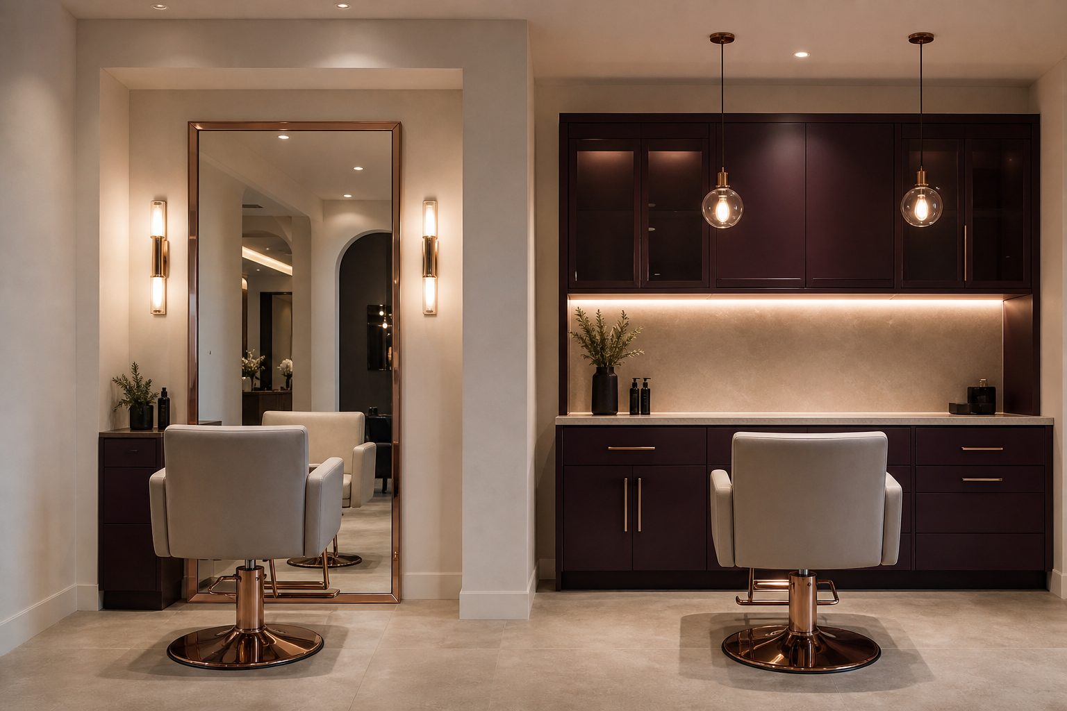 Two empty styling chairs side by side in a bone white boutique salon with mirrored stations