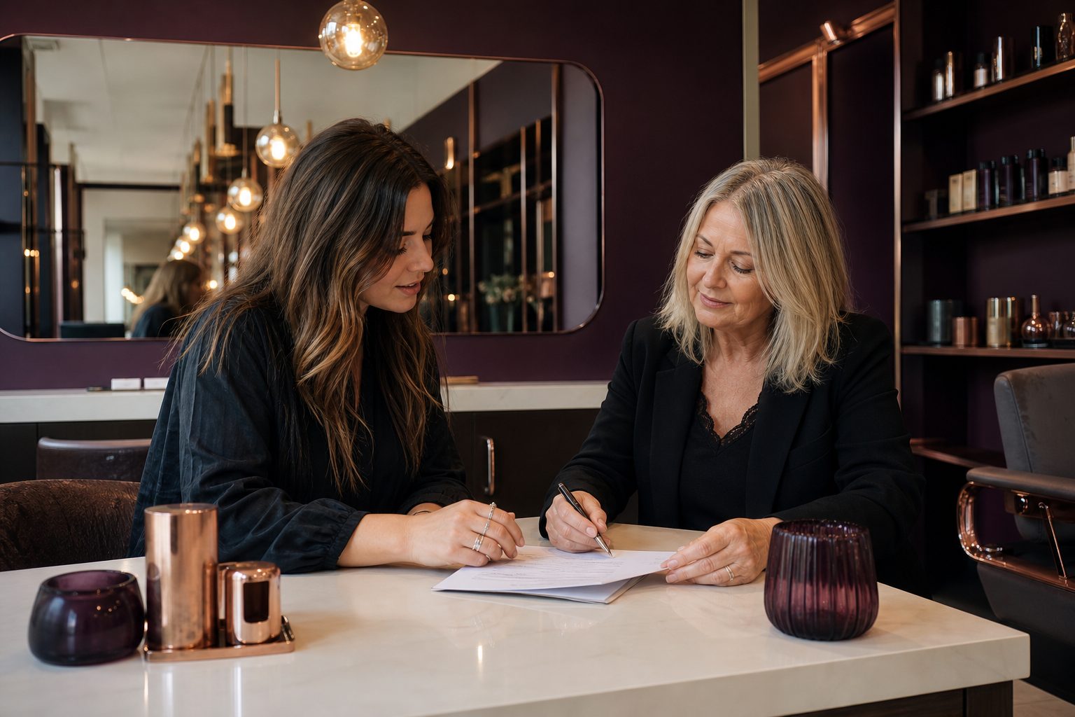 Stylist and salon owner seated at a table reviewing a paper booth rental agreement