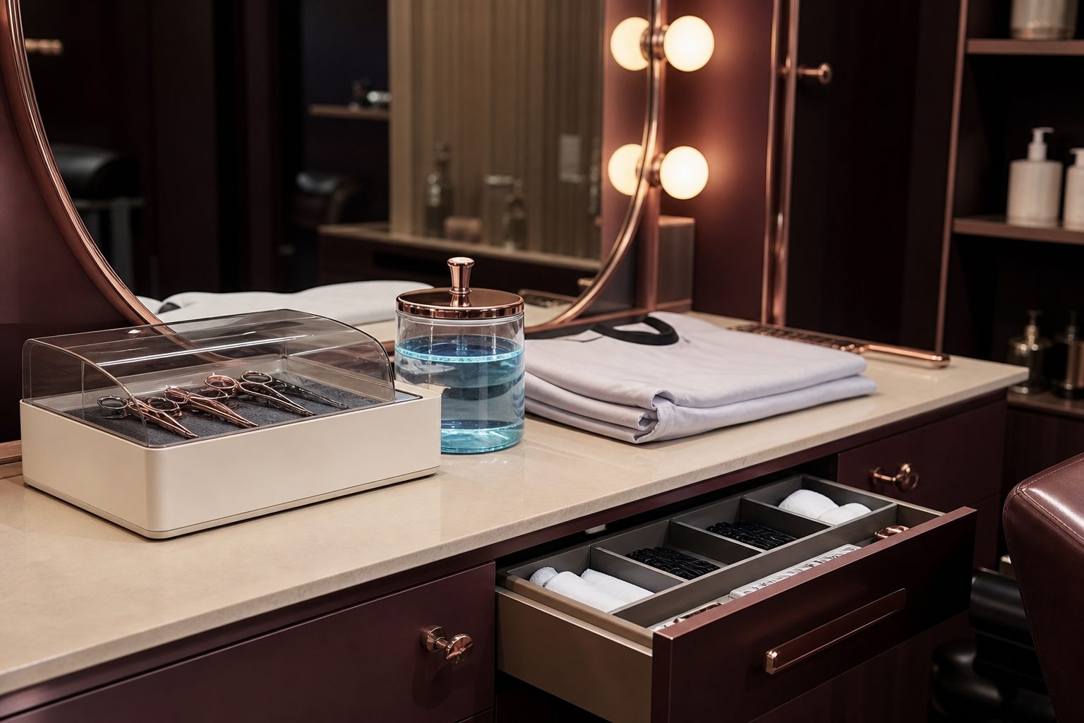 Salon station laid out for inspection with covered shears, a disinfectant jar and folded capes