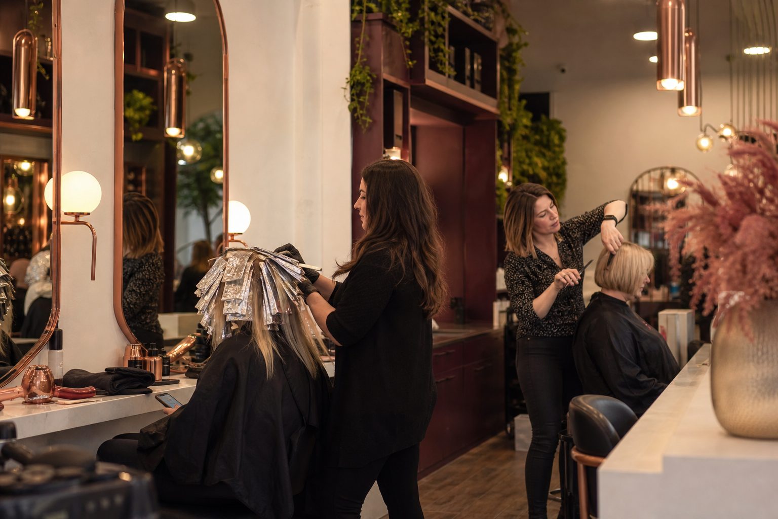 Busy boutique salon with a client processing in foils while a stylist cuts at the next chair