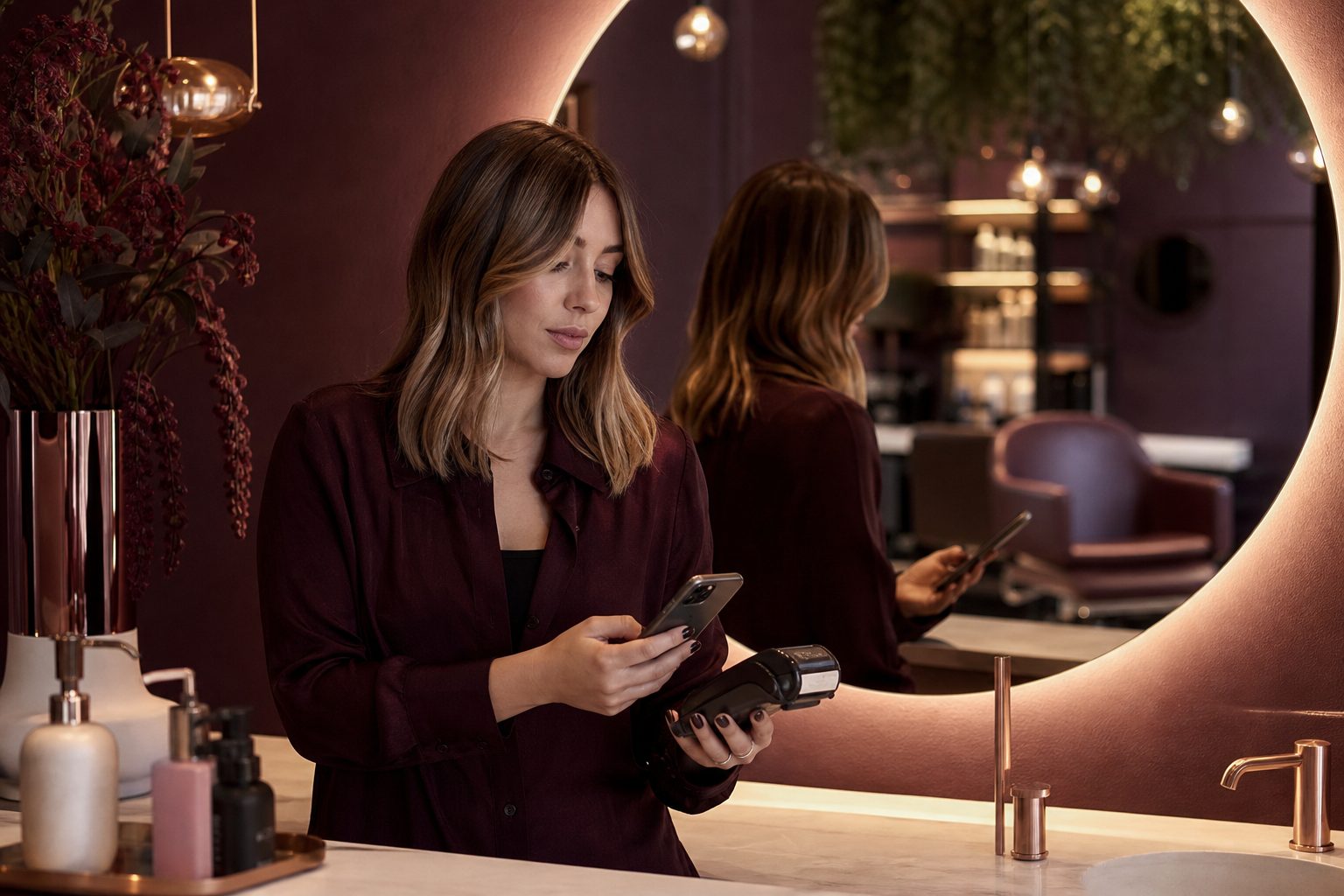 Stylist alone at a station holding a phone and a card terminal beside an empty chair