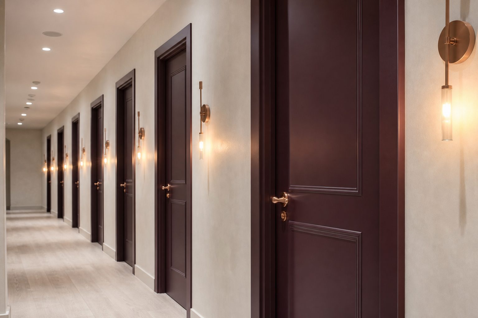 Row of private salon suite doors along a bone white corridor with rose chrome hardware