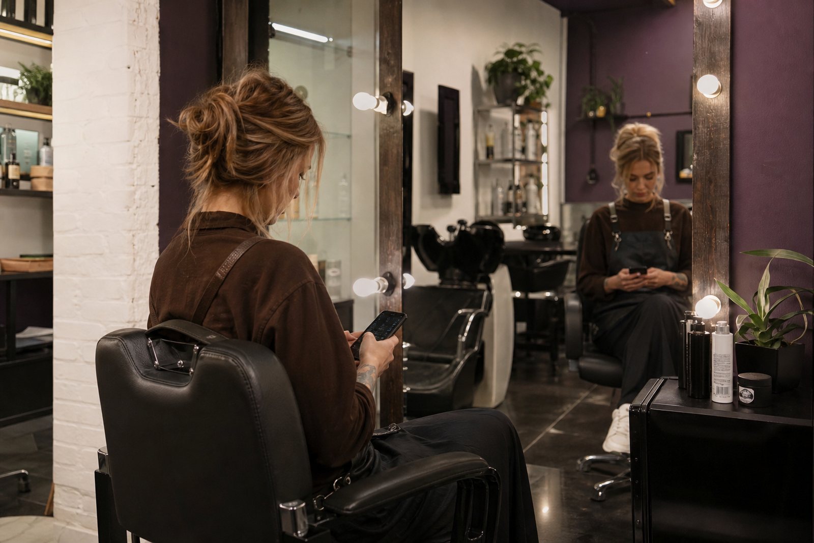 Hair stylist standing beside a styling chair in a boutique salon, checking her booking screen on a phone under warm mirror bulbs