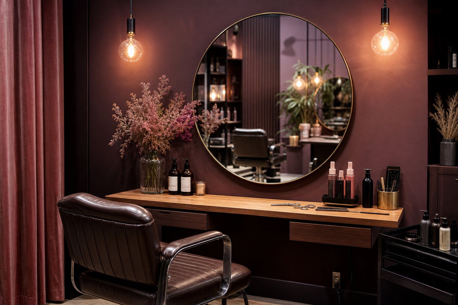 Empty boutique salon styling station with a round mirror, shears and product bottles arranged under warm bulb lighting